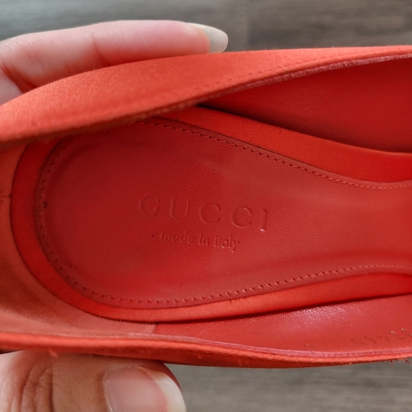 Gucci Orange Gold Horsebit Leather Peep Toe Heels Size 6 - Picture 8 of 13
